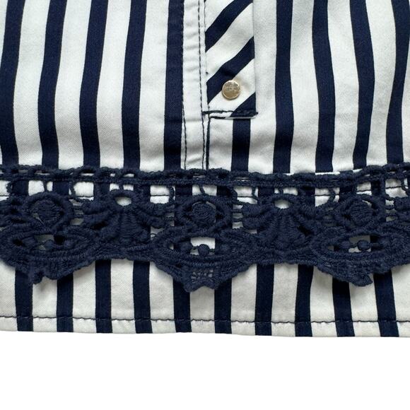 CHICOS Blue White Stripe Sateen Cotton Crochet Jacket Size Small (0) Gold Button - Picture 6 of 11